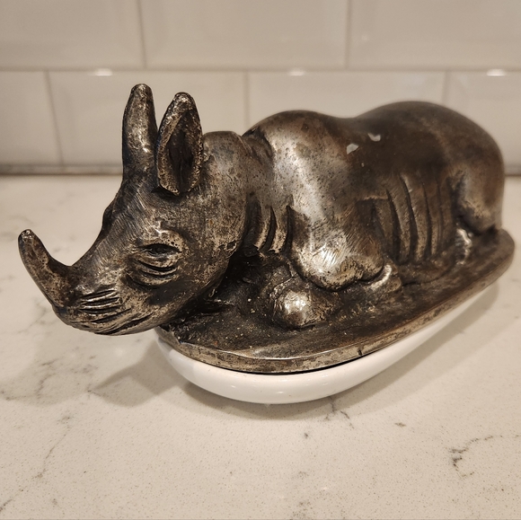 Silver Covered Rhinoceros Butter Dish - Picture 1 of 6